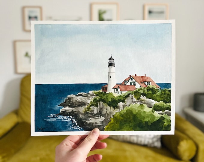 Featured listing image: Original Watercolor Painting ‘Portland Head Light no.2’  | Cape Elizabeth, Maine | New England Lighthouse Artwork [8x10”]