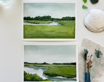 Original Watercolor Landscape ‘Summer Marsh’ Series 5x7 | Bright Abstract Summer Coastal Painting | Scarborough Marsh, Maine Painting