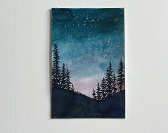 Original Watercolor Study | Night Sky Forest Silhouette Painting | Abstract Landscape Artwork [4x6”]