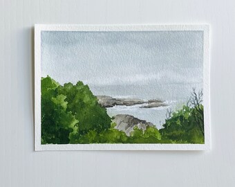 Original Watercolor Landscape ‘Trail Along the Coast’ Series | Bright Abstract Summer Coastal Painting | Maine Coast Painting [5x7"]