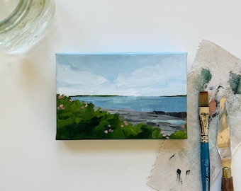 Original Painting | Coastal Trail Series | Acrylics on Canvas 4x6” | Bright Semi-Abstract Landscape Art | Coastal Maine Painting