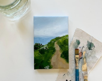 Original Painting | Coastal Trail Series | Acrylics on Canvas 4x6” | Bright Semi-Abstract Landscape Art | Coastal Maine Painting