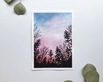 Original Watercolor Sunset Silhouette Forest Painting | Abstract Tree Art [5 x 7"]