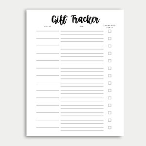 May include: A printable gift tracker checklist with columns for guest name, gift, and a checkbox for thank you sent.