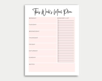 May include: A printable meal planner with a pink background. The planner includes a grocery list and a section for each day of the week, Monday through Sunday. The planner also includes a section for notes.