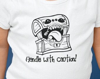 Dnd Baby Shirt- "Handle with Caution!" w/Mimic. Dnd Baby, DnD Gifts, Anime Baby, Nerdy Baby, Tabletop Gaming, Dnd Shirt, D&D Baby.