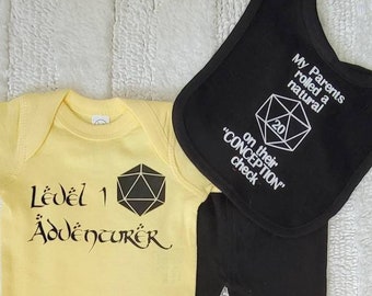 DnD Baby Set- "Level 1 Adventurer". Dungeons Dragons RPG Gaming D&D Tabletop D20 Roleplay Pathfinder DM Geek 5E Fantasy Anime Layette