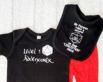 DnD Baby Set- "Level 1 Adventurer". Dungeons Dragons RPG Gaming D&D Tabletop D20 Roleplay Pathfinder DM Geek 5E Fantasy Anime Layette