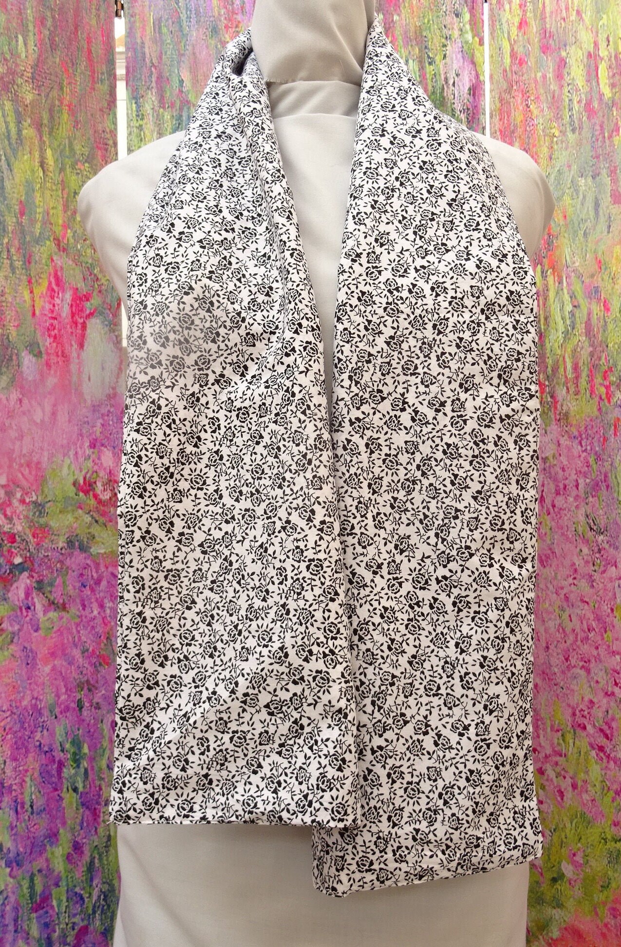 Infinity or long Rose Scarf . White / Black . Soft Cotton