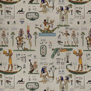 Puede incluir: Patrón repetitivo con figuras egipcias antiguas, jeroglíficos y símbolos en tonos beige, azul, amarillo y verde. El diseño incluye faraones, barcos, pájaros y varios elementos decorativos, creando un tema histórico.