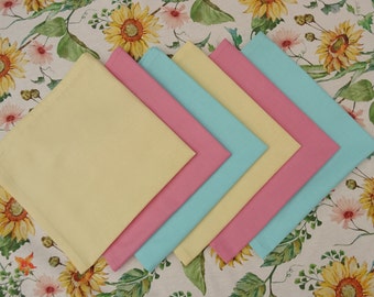 6 Napkins Plain 100% Cotton .  Light yellow, Blush Pink and Peppermint ..42 x 42cm each