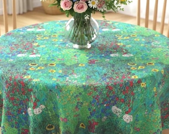 May include: A round tablecloth featuring a vibrant, impressionistic floral print with shades of green, blue, red, and yellow. The fabric displays a dense pattern of small flowers and foliage, covering the entire surface of the circular table.