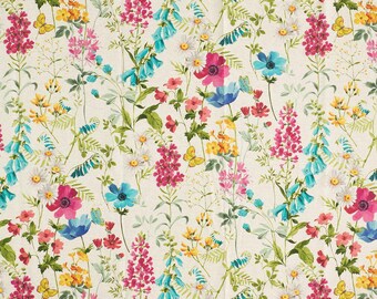 May include: A floral fabric featuring a dense pattern of colorful wildflowers. The design includes pink, blue, yellow, and white flowers, along with green foliage and small yellow butterflies, all set against a cream background.
