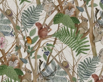 Woodland Life Tablecloth.  Cotton Rich Linen Look. Napkins.  135cm wide Up to 400cm long  .Cotton Tablecloth UK