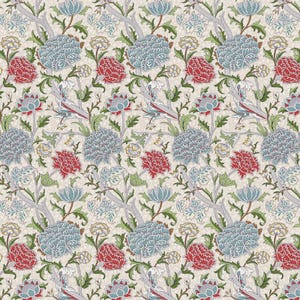 May include: A repeating floral pattern featuring stylized flowers in red, blue, and gray against a cream background. The design includes detailed leaves and stems in green and gray, creating a classic, elegant aesthetic.