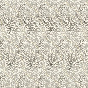 Può includere: Un motivo ripetuto di rami e foglie di salice stilizzati in tonalità di grigio, marrone e oro su sfondo crema. Il design presenta una disposizione simmetrica del fogliame, creando un'estetica naturale e strutturata.