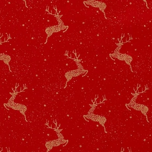 May include: A vibrant red fabric featuring a repeating pattern of gold glitter reindeer in various leaping poses. The design is accented with small gold glitter stars and fine gold speckles scattered across the solid red background surface.