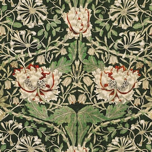 May include: A close-up of a detailed floral pattern. Large, stylized flowers with white petals edged in red are set against a dark green background. The design includes green leaves and cream-coloured floral accents, creating a classic, ornate look.