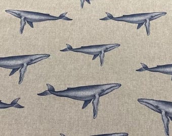 Whale Tablecloth . Rectangle, Oval or Round. 135cm wide Up to 400cm long  .Cotton / Linen  UK Tablecloth UK . (ocs)  Whale