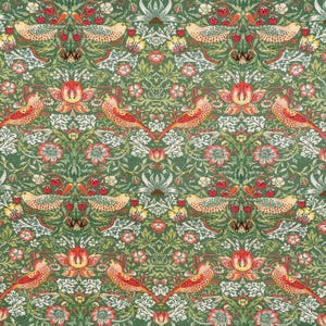 May include: A fabric featuring a repeating pattern on a green background. The design includes light-colored birds with speckled wings, vibrant red birds, clusters of small red berries, and intricate white and pink floral botanical elements.