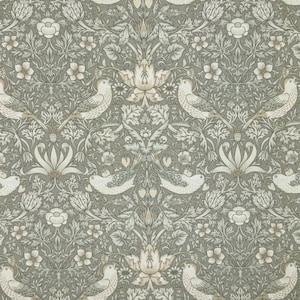 May include: A repeating pattern featuring stylized birds perched on branches amidst floral and foliage elements. The design incorporates a muted color palette of gray, cream, and beige, creating a vintage aesthetic. The overall theme is nature-inspired.
