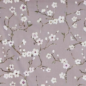 Camino de mesa con estampado de flores de cerezo. Mostaza, gris azulado o lila jaspeado. Albaricoque. 135 cm x 30 x 40 x 45 cm. 53 pulgadas. Algodón. Mantel del Reino Unido.