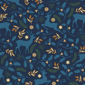 May include: A dark blue fabric pattern featuring silhouettes of deer in a lighter blue shade, interspersed with gold-coloured botanical elements including holly leaves, berries, pine sprigs, and six-pointed stars arranged in a repeating design.