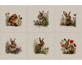 6 Bunny Bunny Napkins. 6 designs, Cotton linen look fabric. 40 x 40cm