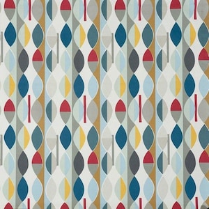 May include: A fabric design featuring a repeating pattern of abstract shapes in blue, yellow, red, grey, and white. The design includes vertical stripes with elongated oval shapes and short red lines. The overall aesthetic is modern and geometric, suitable for textiles or wallpaper.