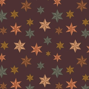May include: A repeating pattern featuring six-pointed stars in various shades of copper, bronze, gold, and muted sage green set against a solid dark brown background. The stars vary in size and colour intensity, creating a geometric design.