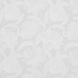May include: A light grey fabric featuring a repeating white floral pattern. The design consists of stylised blossoms and elongated leaves with fine, intricate line work that creates a subtle texture across the entire surface of the material.