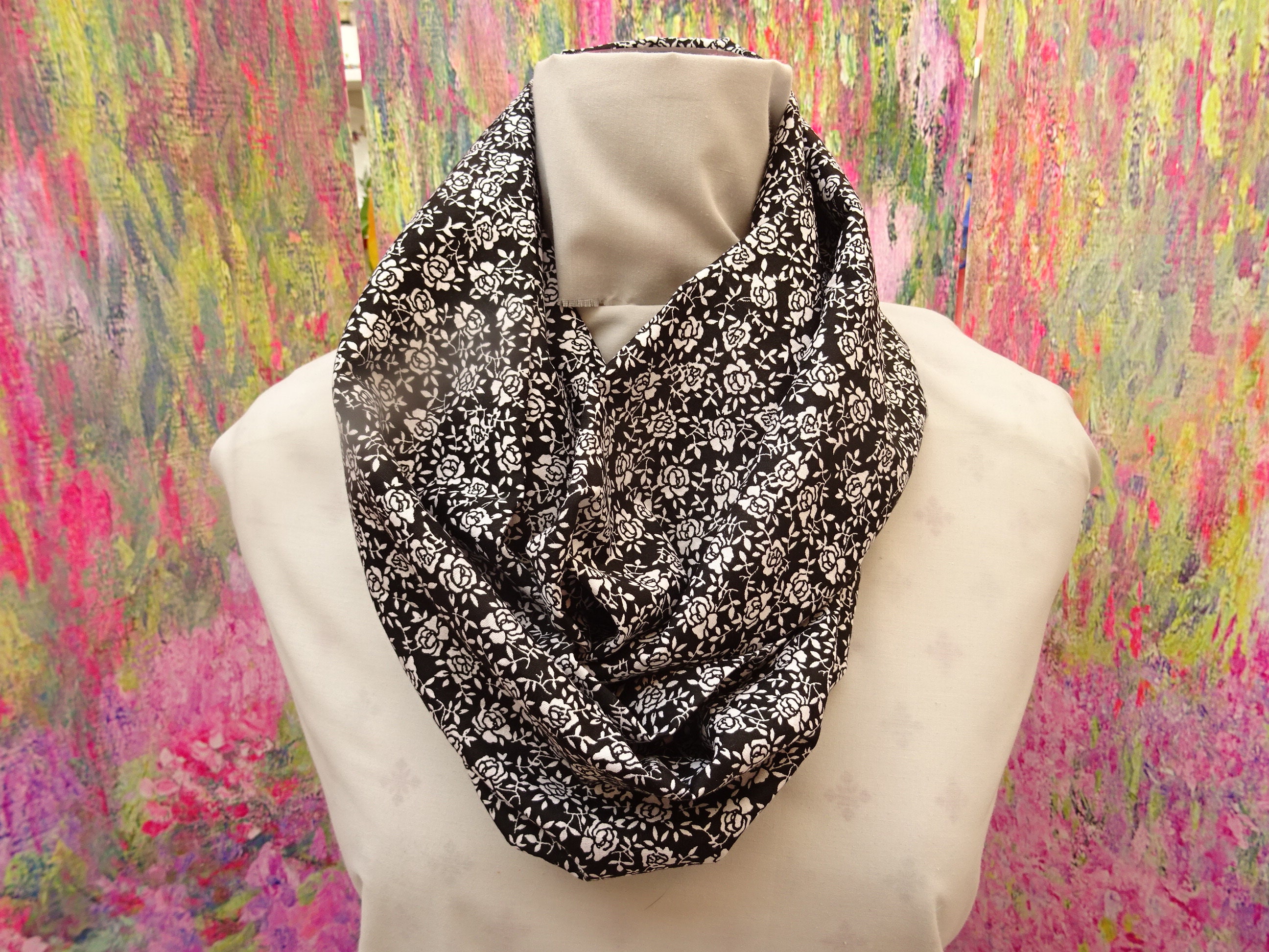 Rose Infinity or Long Scarf . Black and White . Soft
