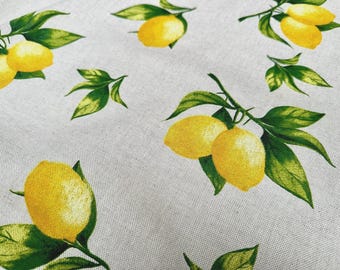Lemons Tablecloths. Rectangle , Oval or Round, Cotton. 100 to 400cm by 135cm wide  Cotton Linen Look Fabric UK ( lush)