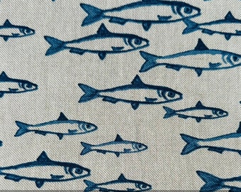 Sardine Fish Tablecloth . Rectangle, Oval or Round. 135cm wide Up to 400cm long  .Cotton. UK Tablecloth UK . (lush) Nautical Tablecloth