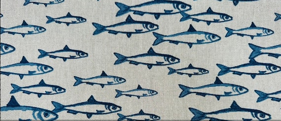 Sardine Fish Tablecloth . Rectangle, Oval or Round. 135cm wide Up to 400cm long  .Cotton. UK Tablecloth UK . (lush) Nautical Tablecloth
