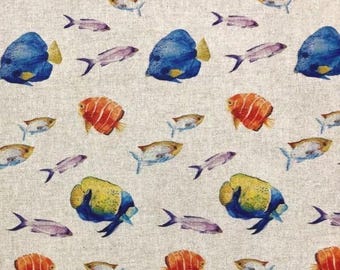 Tropical Fish Tablecloth . Rectangle, Oval or Round. 135cm wide Up to 400cm long  .Cotton / Linen  UK Tablecloth UK .  (osc)