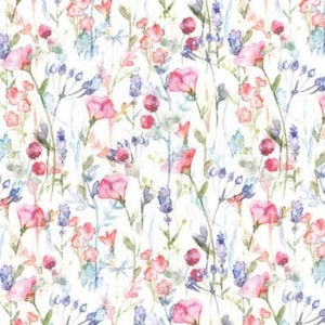 May include: A watercolour floral pattern with pink, red, and purple flowers, green stems and leaves on a white backdrop. The design includes various flower types and delicate foliage, creating a soft, natural aesthetic.