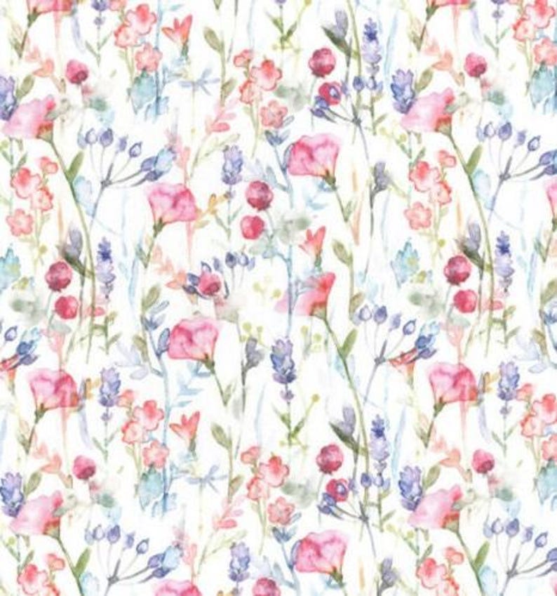 May include: A watercolour floral pattern with pink, red, and purple flowers, green stems and leaves on a white backdrop. The design includes various flower types and delicate foliage, creating a soft, natural aesthetic.