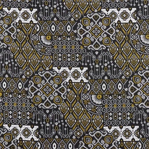 May include: A detailed repeating pattern in black, gold, and white. The design features geometric shapes such as diamonds and circles, arranged in a patchwork style. The pattern is intricate and visually complex.