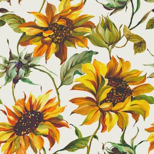 May include: A repeating pattern of sunflowers in full bloom, with yellow, orange, and brown petals. Green leaves and stems intertwine with the flowers against a white background. The artwork has a watercolor painting style.