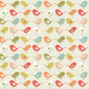 May include: A repeating pattern of colourful birds on a light beige background. The birds are in various colours, including red, orange, green, blue, and white, with small polka dots. The birds are stylized and have a whimsical design.