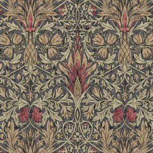 Tovaglia con motivo testa di serpente di William Morris. Cotone. Mocha. 135 cm di larghezza per 400 cm di lunghezza. Tessuto Panama. UK Osc. Tovaglioli