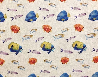 Tropical Fish Tablecloth . Rectangle, Oval or Round. 135cm wide Up to 400cm long  .Cotton / Linen Look.  Tablecloth UK .