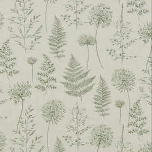 May include: A repeating pattern showcasing botanical drawings of ferns, allium flowers, and grasses in a muted green shade. The design is set on a light beige background, creating a natural and elegant aesthetic. The detailed drawings give a vintage feel.