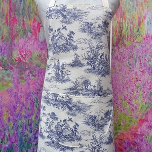 Toile de jouy ( French ) Apron with/without pocket and adjustable neck Strap. ( Design 1)  Hand Embroidered Name.  3 Colours UK