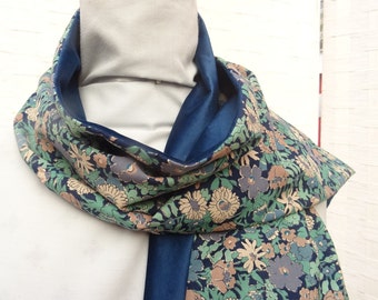 Liberty of London Print Cotton / Velvet Long Scarf. Limited Edition. Liberty Cotton Tana Lawn fabric and Dark Blue soft Velvet. Mother's Day