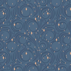 May include: A repeating pattern featuring dark blue swirling curves and lines set against a medium blue background. Small, four-pointed diamond shapes in a light copper or metallic peach colour are scattered throughout the design.