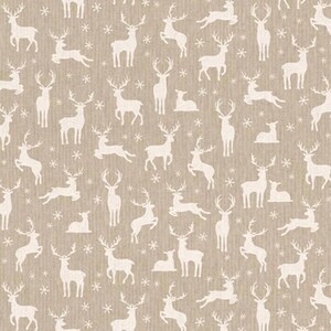 May include: Beige fabric featuring a repeating pattern of white reindeer and snowflakes. The reindeer are depicted in various poses, creating a festive design. Ideal for Christmas crafts and seasonal decorations. The fabric is suitable for various projects.
