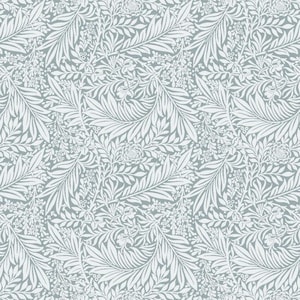 May include: A repeating textile pattern featuring white botanical illustrations of fern-like leaves, small flowers, and berries set against a solid light grey background. The design displays a dense, symmetrical arrangement of organic foliage.