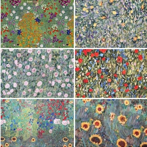 Puede incluir: Seis pinturas florales que representan flores en un campo. Las obras de arte muestran una variedad de colores, incluyendo rojo, amarillo, azul y rosa, con follaje verde. El estilo de las pinturas recuerda al impresionismo.